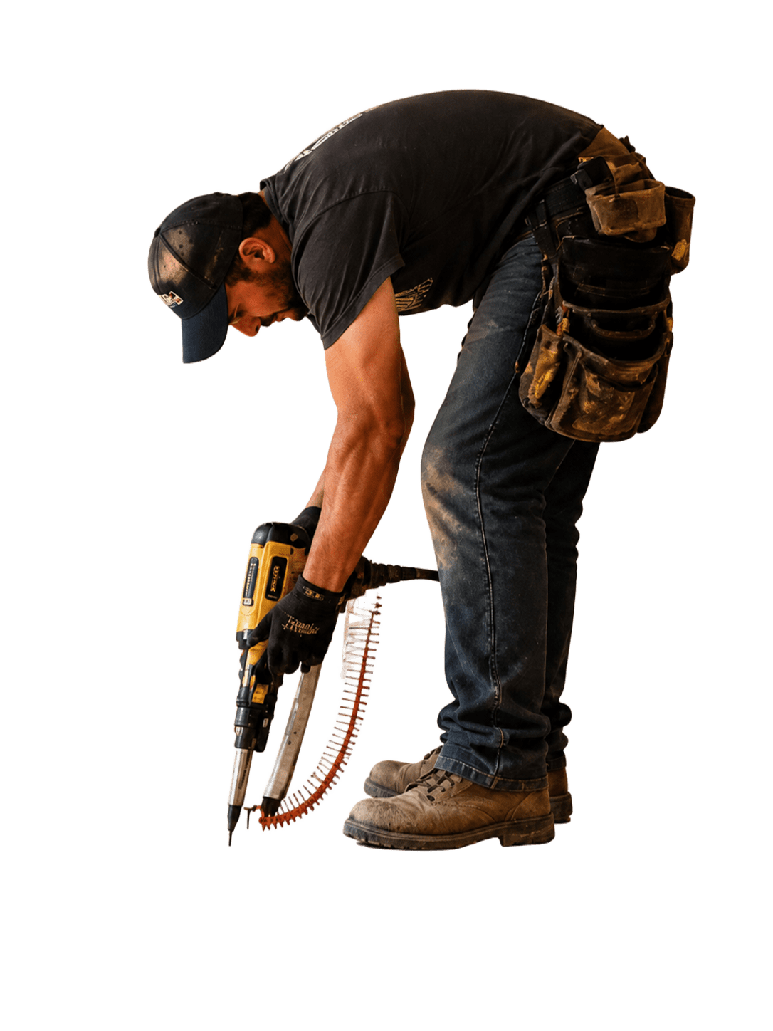 Worker installing screws on subfloor